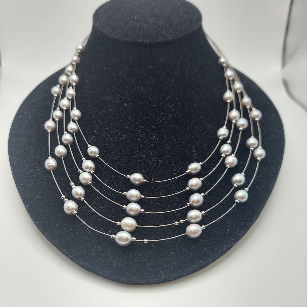 Vintage Cascade Silver Pearl 5 Strand Necklace, GC.